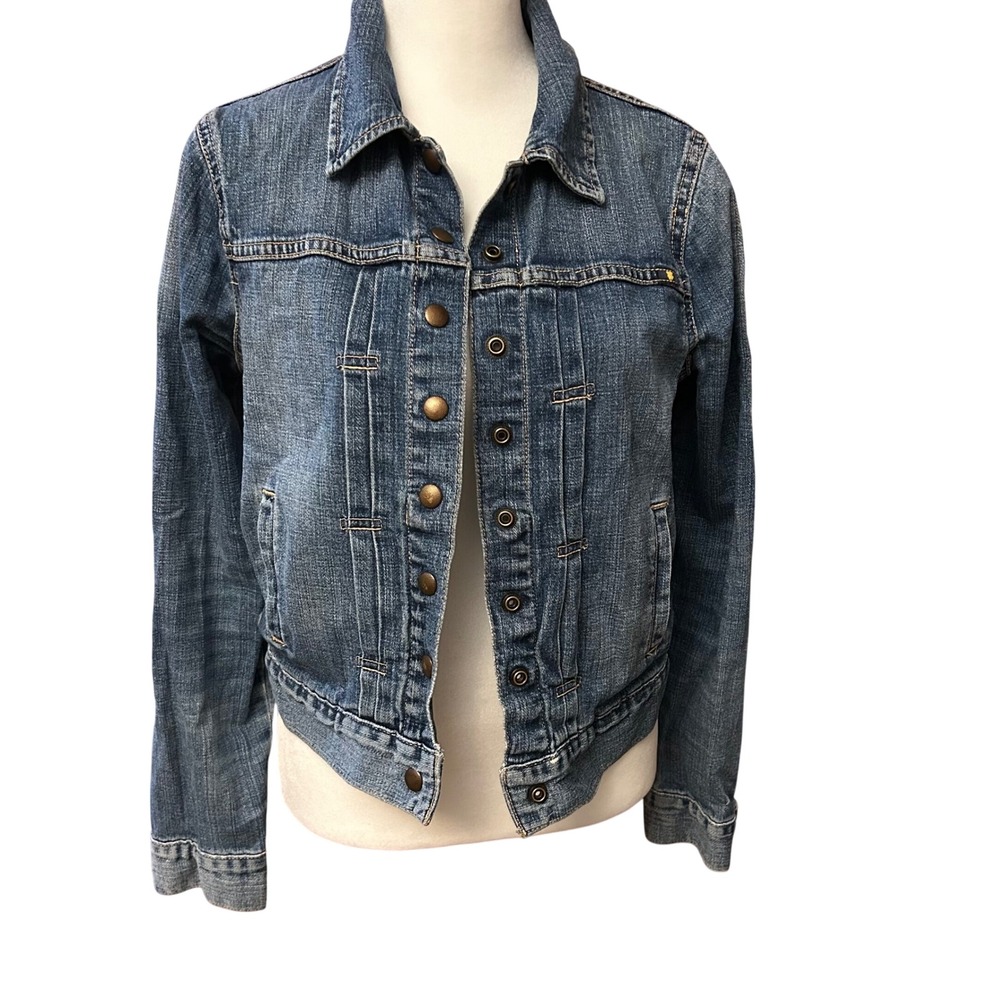 Lucky Brand Denim Jacket Womens S Blue Fair Distressed Cropped Trucker Pleated